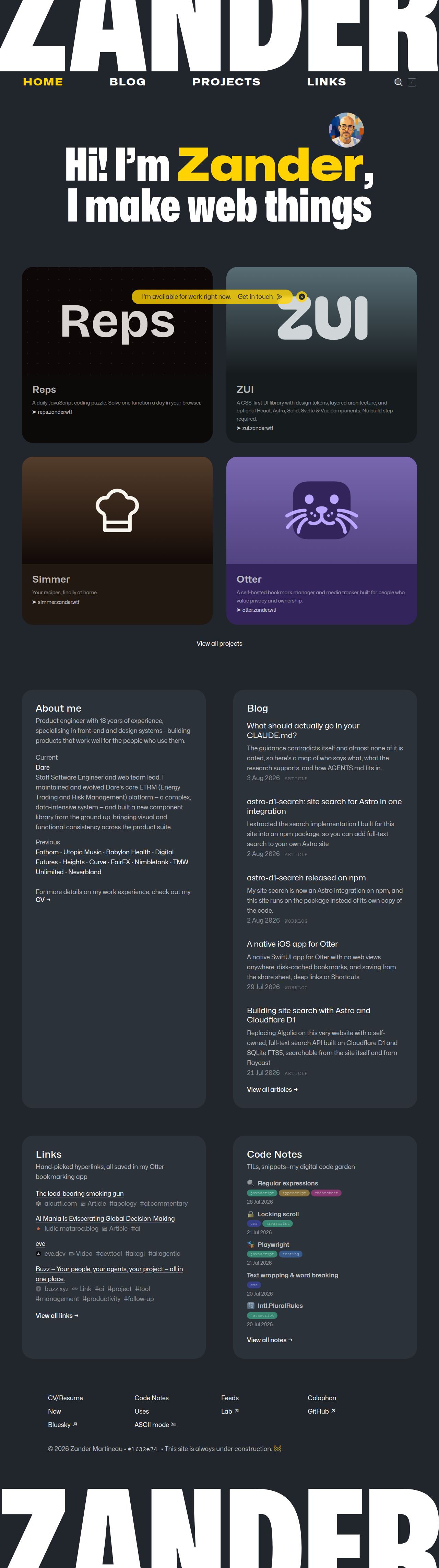 Hi! I'm Zander, I make web things's site as it was sampled