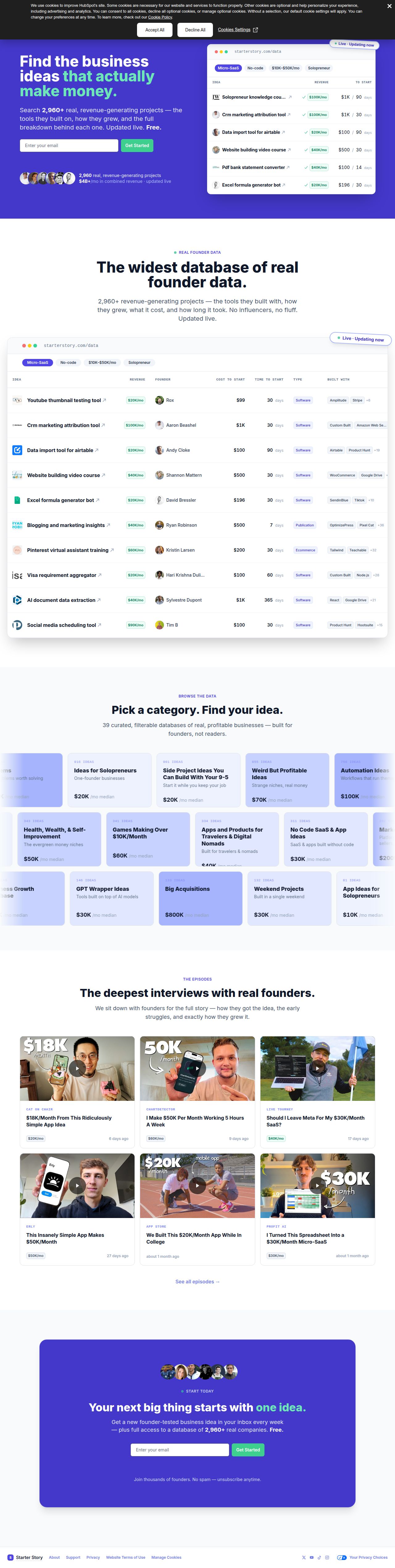 Starter Story's site as it was sampled